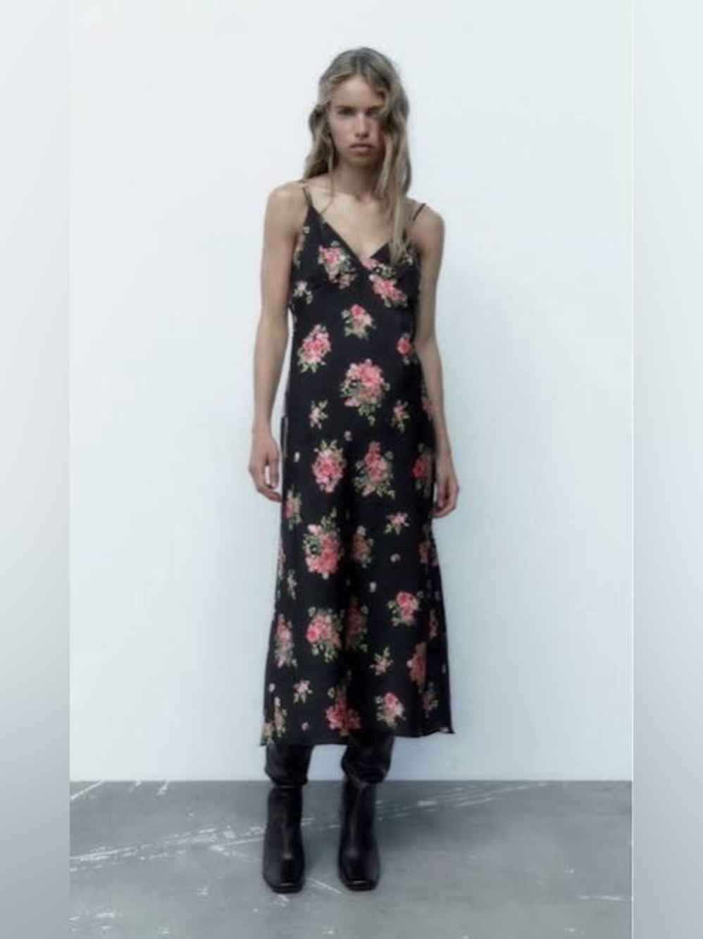 Zara Black Floral Satin Slip Midi Dress Pink Rose Double Strap Large